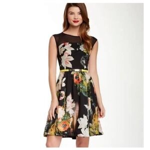Ted Baker Cameela Opulent Bloom Dress US 8 Black Floral Fit Flare Cocktail Party